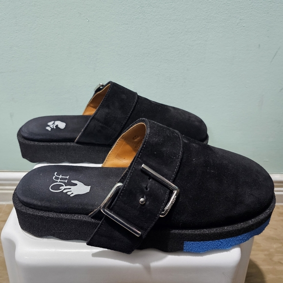 OFF-WHITE Black Leather Suede Sponge Sole Unisex Clogs Mules Slides sz 40 - Picture 3 of 11